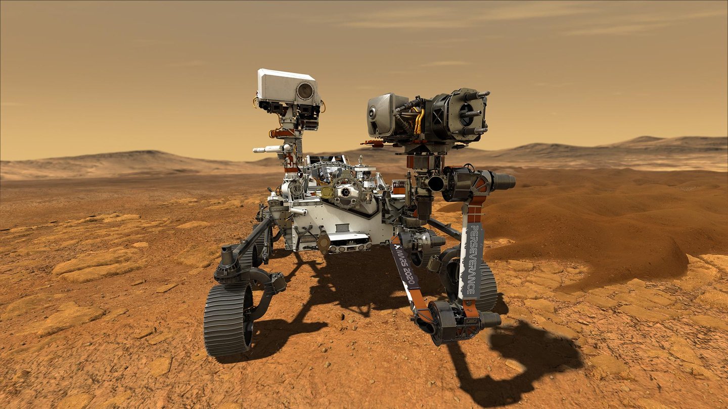 An illustration depicts Nasa's Perseverance rover operating on the surface of Mars. (Photo: Nasa)