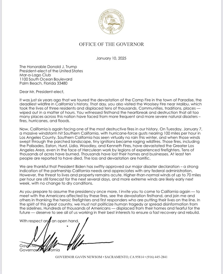 California Governor letter to Trump – Los Angeles wildfire California Governor invites Trump for survey