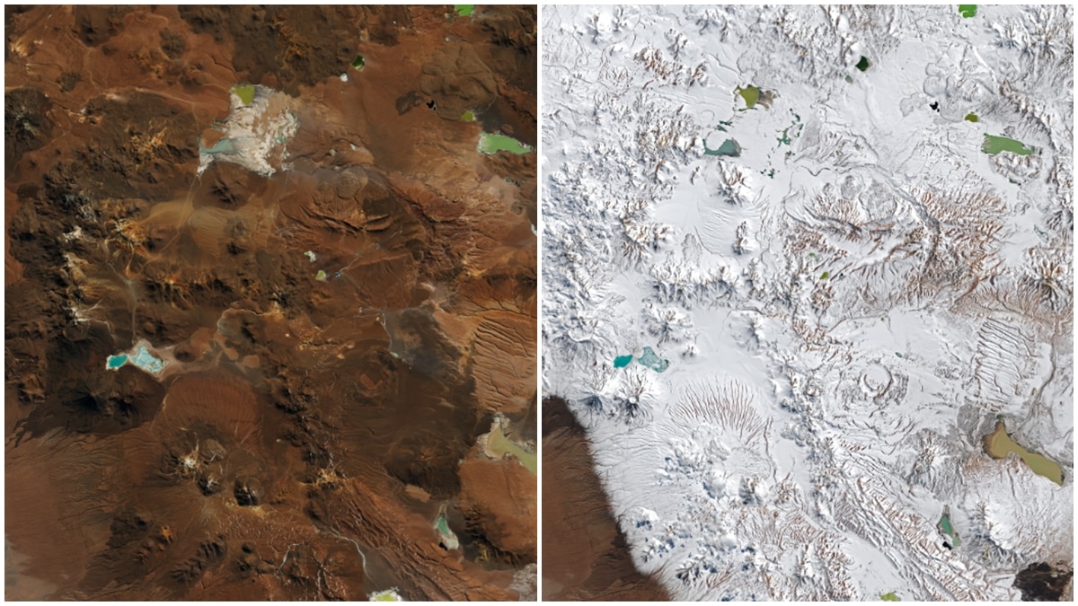 A collage compares the Atacama Desert region where snow fell. (Photo: Nasa)