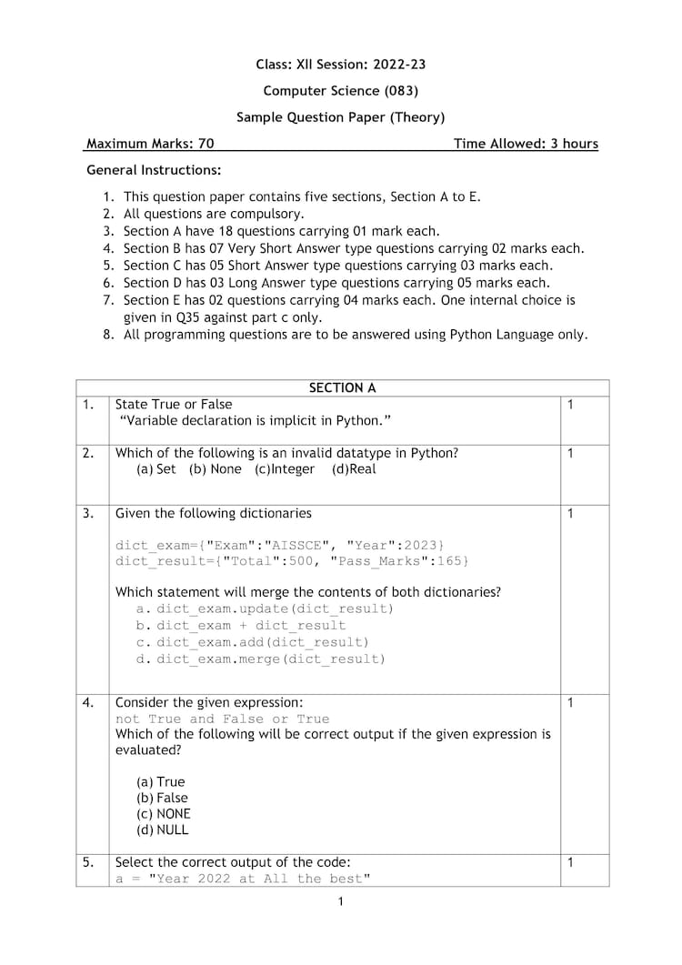 CBSE Class 12 Computer Science sample paper for board exam 2023 with ...