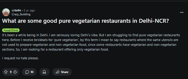 An old Reddit query for vegetarian restaurants in Delhi. Photo: Reddit