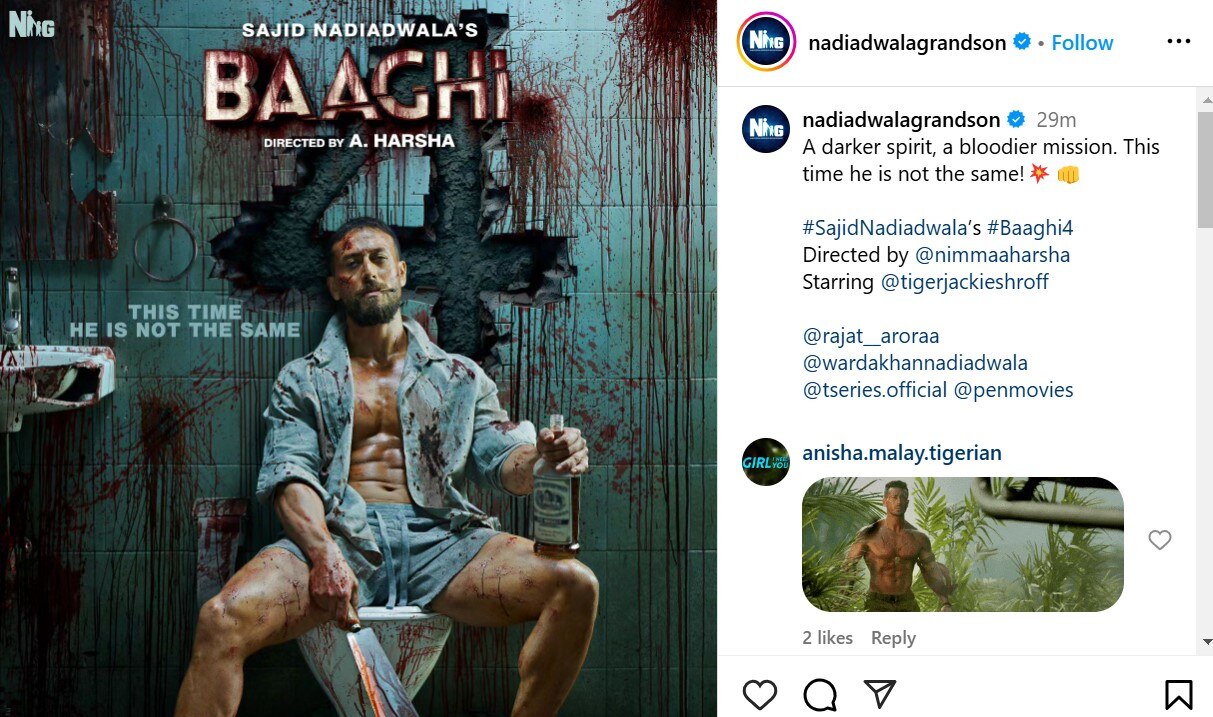 A screenshot of Nadiadwala Grandson's Instagram post with Baaghi 4 poster