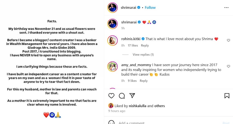 Screenshot of Shrima Rai's Instagram post