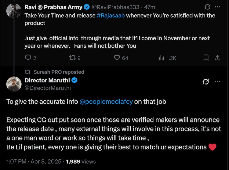 Prabhas's The Raja Saab: Director Maruthi Shares Exciting Release Update 9 X post: director Muruthi.