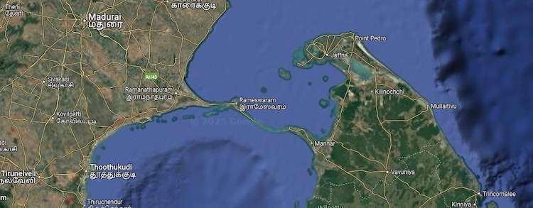 The island of Pamban, which houses Rameswaram, is today connected to the Indian mainland by separate rail and road bridges. From Rameswaram, Dhanushkodi lies about 20 km away and is connected only by road along a narrow strip of land. The rail line between the two was destroyed in 1965. From Dhanushkodi, Sri Lanka is just 25 km away.