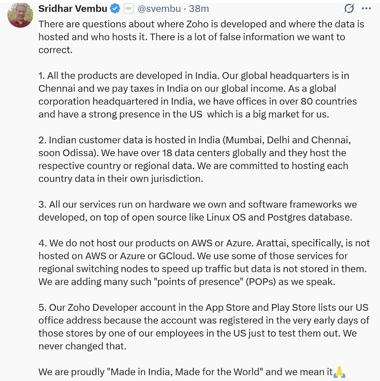 Shridhar vembu post