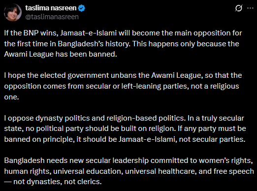 Exiled Bangladeshi author Taslima Nasreen's X post.