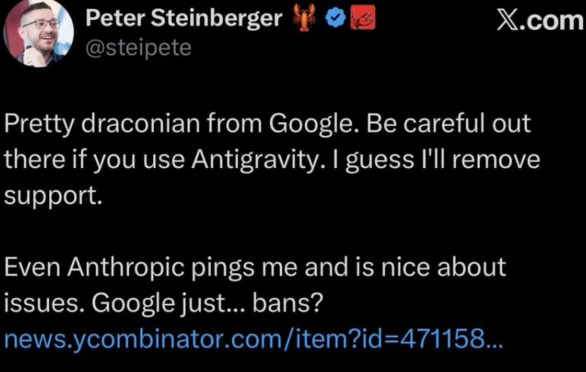 OpenClaw creator Peter Steinberger posted on Gemini