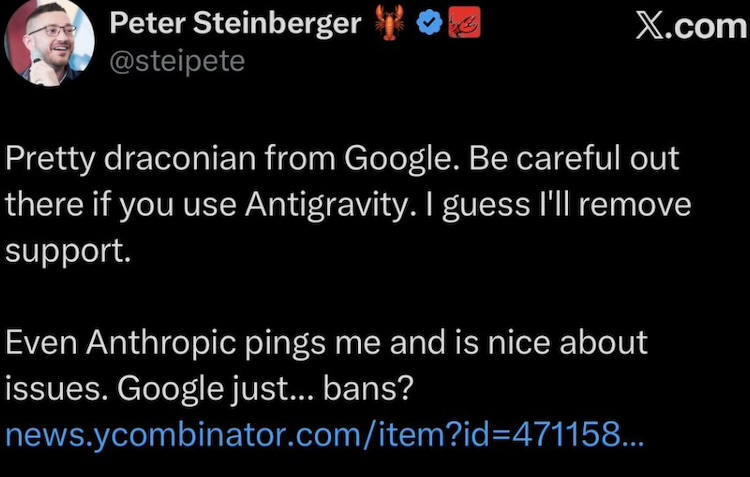 OpenClaw creator Peter Steinberger posted on Gemini