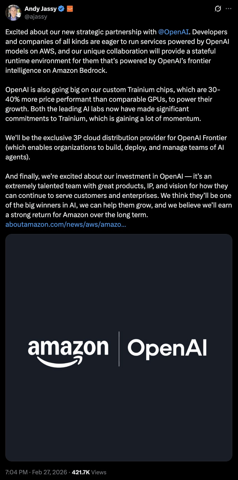 Andy Jesse posted on X for OpenAI investment 