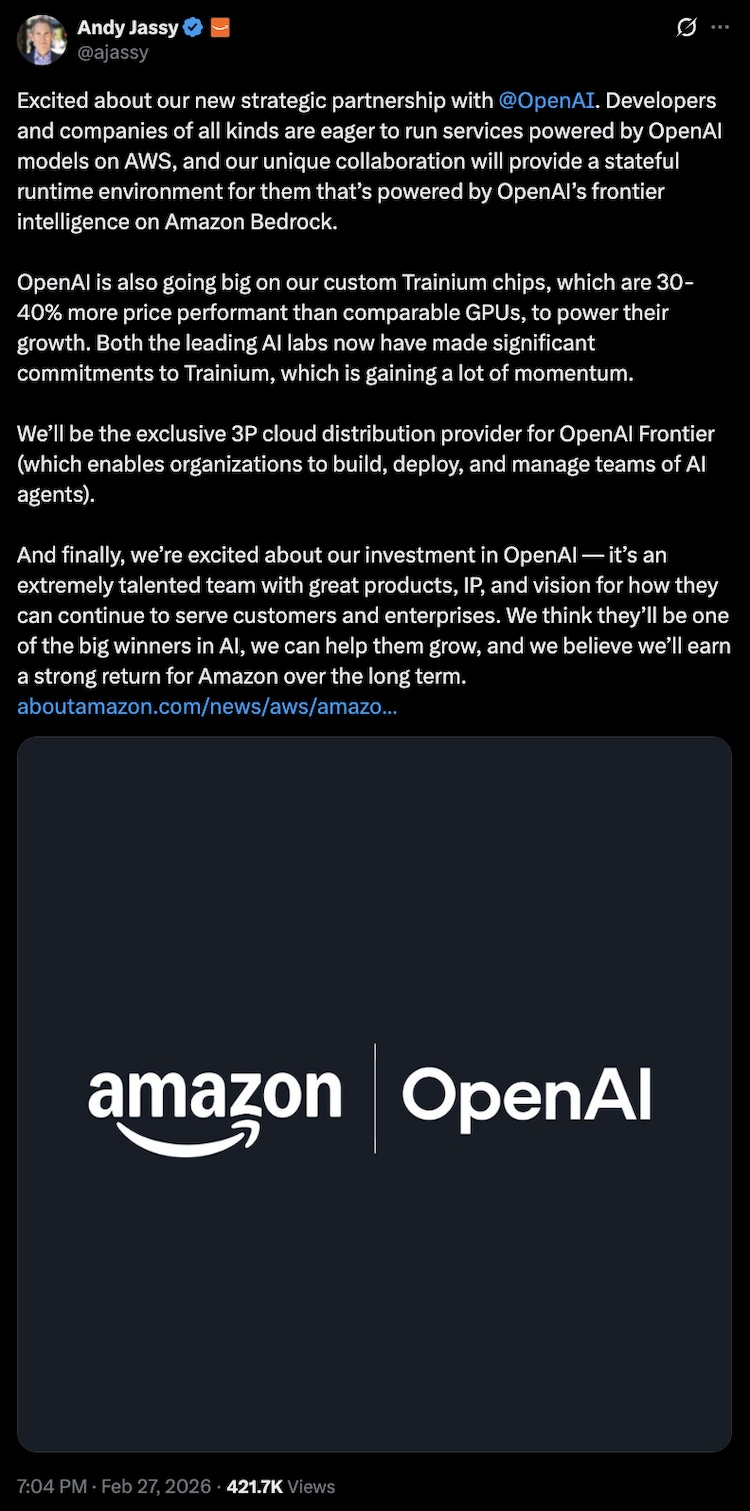 Andy Jesse posted on X for OpenAI investment