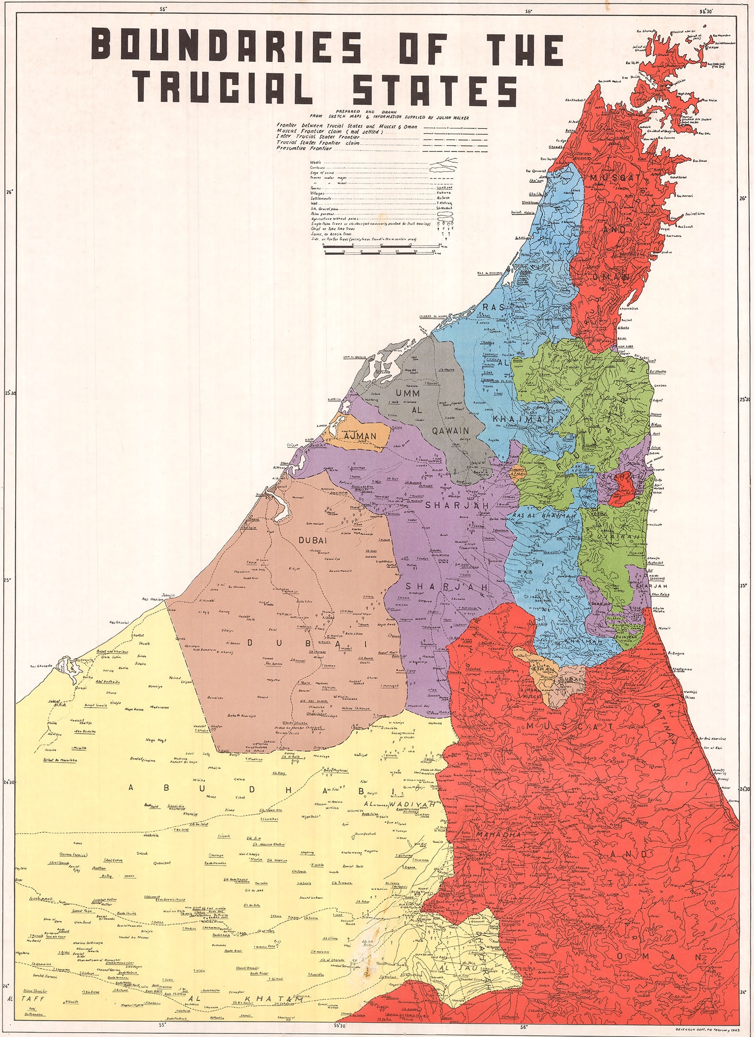 A copy of Julian Walker's 1963 one-sheet map of the Trucial States, which later became the template for the newly formed United Arab Emirates. (Image: Crouch Rare Books/X)