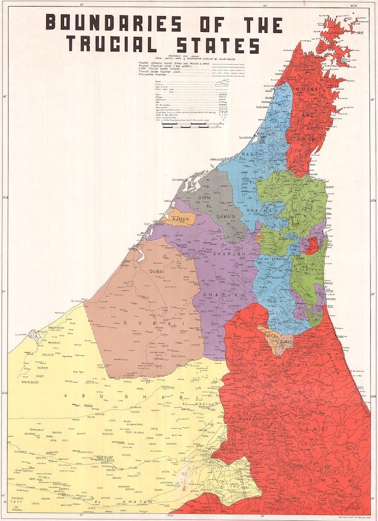 How a British Walker on a Land Rover drew UAE from seven sheikhdoms 6 A copy of Julian Walker's 1963 one-sheet map of the Trucial States, which later became the template for the newly formed United Arab Emirates. (Image: Crouch Rare Books/X)