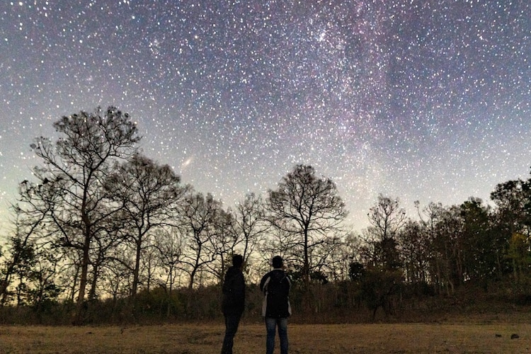 Two visitors stand beneath a sky full of stars at Pench Tiger Reserve (Photo: Special arrangement/Pench Tiger Reserve)