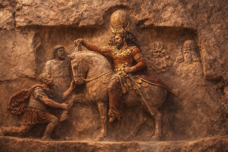 Iran Embassy viral image, Donald Trump meme, iran us israel war, iran war, persian king captured rome, Shapur I, Valerian, Battle of Edessa, Roman Empire, Sasanian Empire, ancient Persia, geopolitics, captured emperor