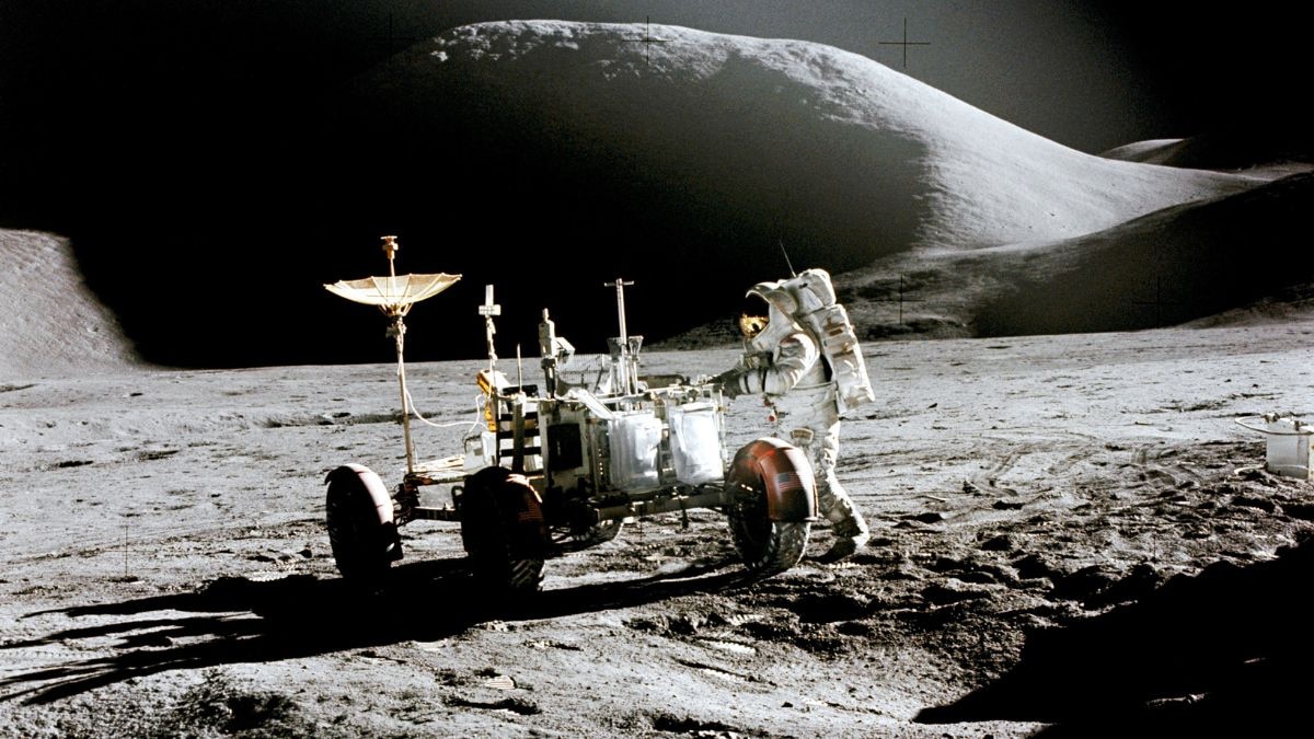 Apollo 15 astronaut James Irwin works beside the Lunar Roving Vehicle at the Hadley-Apennine landing site, 1971. (Photo: Nasa)