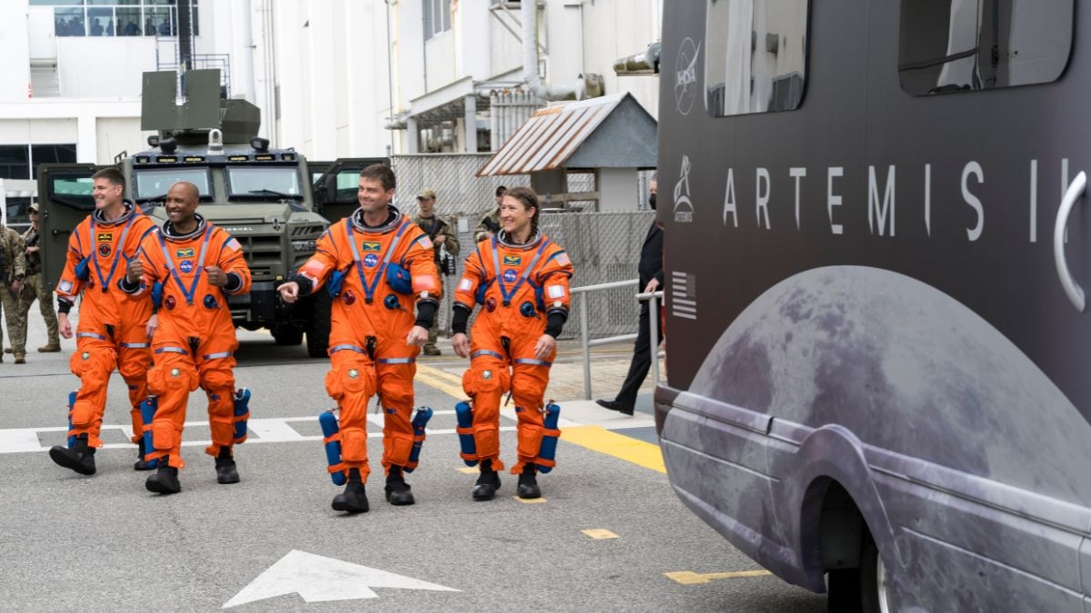 The four Artemis II astronauts, Reid Wiseman, Victor Glover, Christina Koch, and Jeremy Hansen, walk out ahead of their mission, the first crewed journey beyond low-Earth orbit since Apollo 17. (Photo: Nasa)