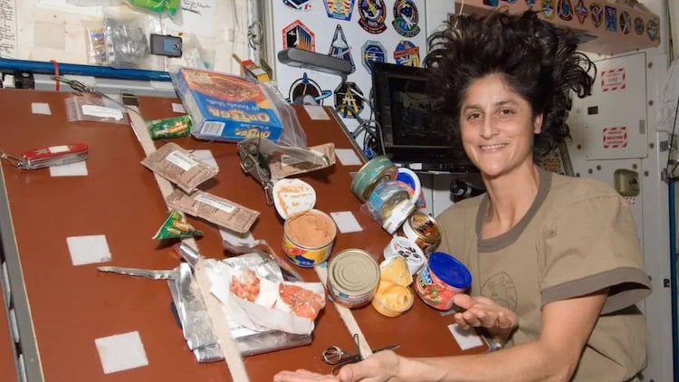 Sunita Williams displays the meal she prepared on the International Space Station. (Photo: Nasa)