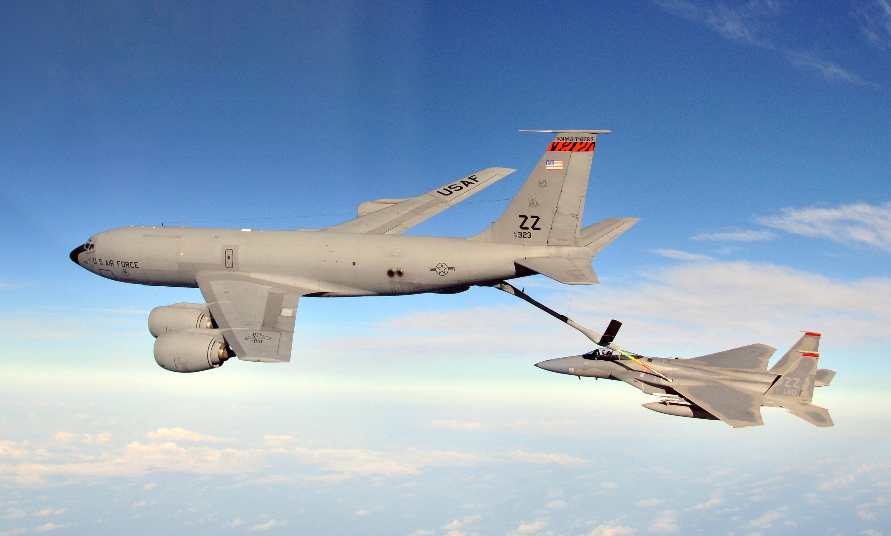 A KC-135 tanker conducting a mid-air refueling of an F-15E. (Image: US Air Force)