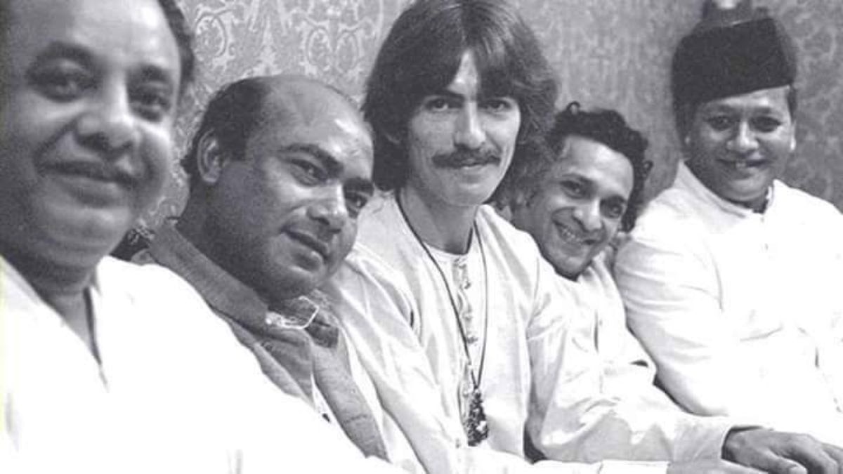 From left to right: Ustad Allah Rakha Khan, Ustad Ali Akbar Khan, George Harrison, Pandit Ravi Shankar, and Ustad Bismillah Khan, five legends of their craft, captured together in a single frame. (Photo: X)
