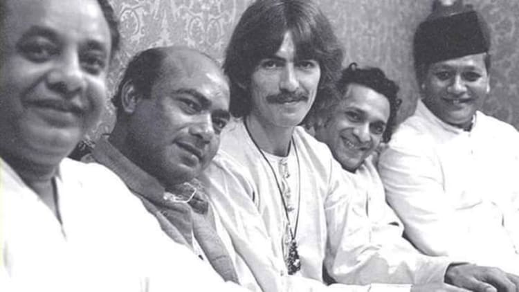 From left to right: Ustad Allah Rakha Khan, Ustad Ali Akbar Khan, George Harrison, Pandit Ravi Shankar, and Ustad Bismillah Khan, five legends of their craft, captured together in a single frame. (Photo: X)