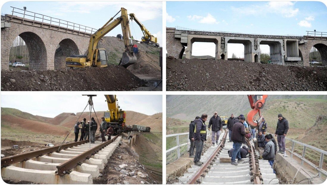 A collage share by the Iran Embassy of UK showing repair work on a rail bridge damaged by a US-Israeli strike.