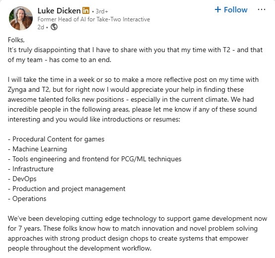 Luke Dicken LinkedIn post