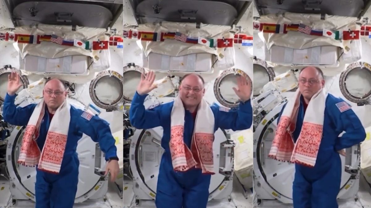 Mike Fincke during Nasa&acirc;€™s Expedition 9 mission in 2004. Four hundred kilometres above Earth, in a world where nothing stays still, he found a way to dance Bihu. (Photo: X/@himantabiswa)