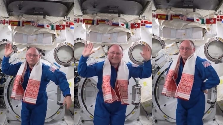 Mike Fincke during Nasa’s Expedition 9 mission in 2004. Four hundred kilometres above Earth, in a world where nothing stays still, he found a way to dance Bihu. (Photo: X/@himantabiswa)