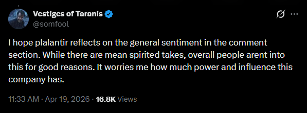 X user's reaction to Palantir's post