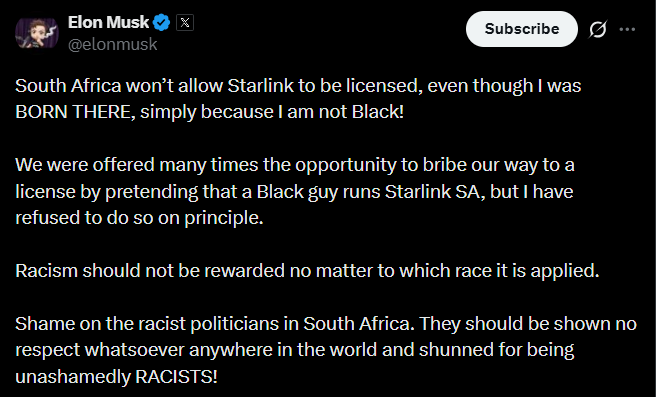 A screengrab of Elon Muskâs post on X.