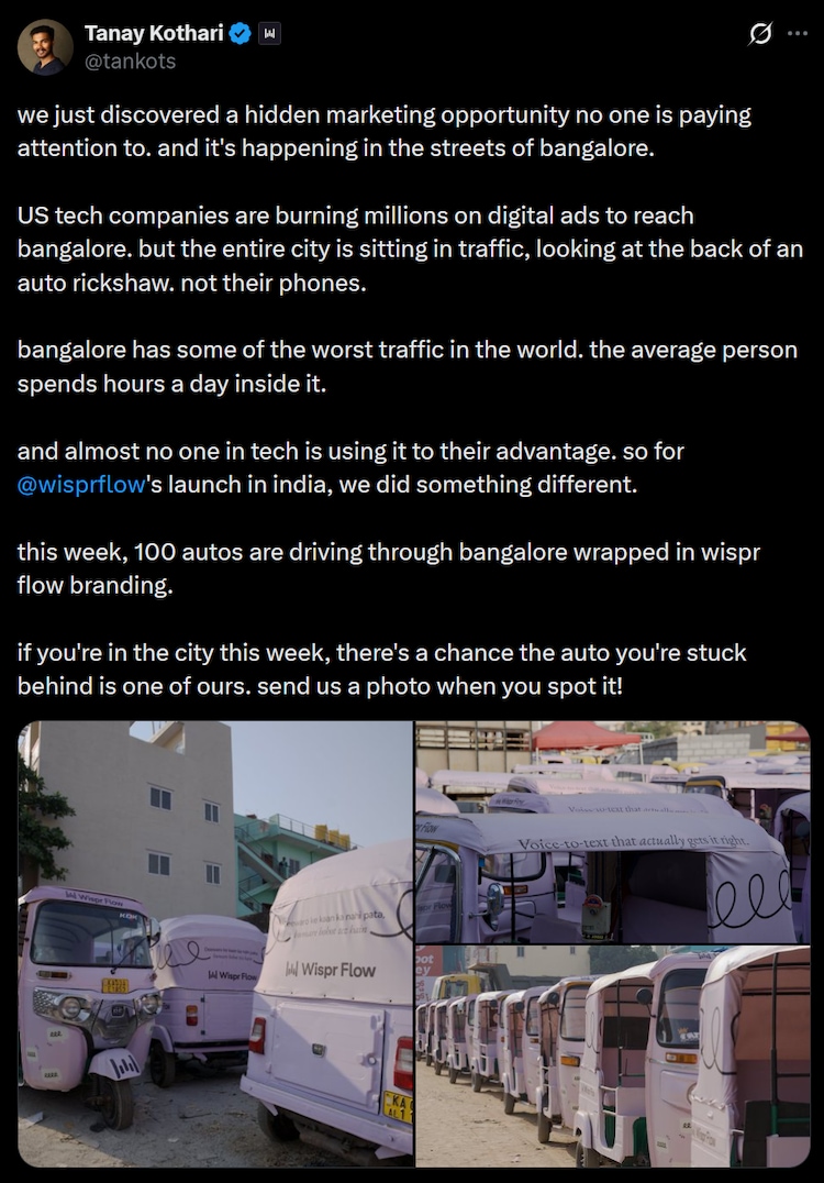 Post on X by Wispr CEO Tanay Kothari