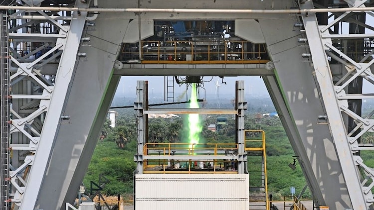 A propulsion hot test underway at Isro's test facility. Engine firing tests like this one are how Isro validates the performance and safety of propulsion systems before they fly. (Photo: Isro)