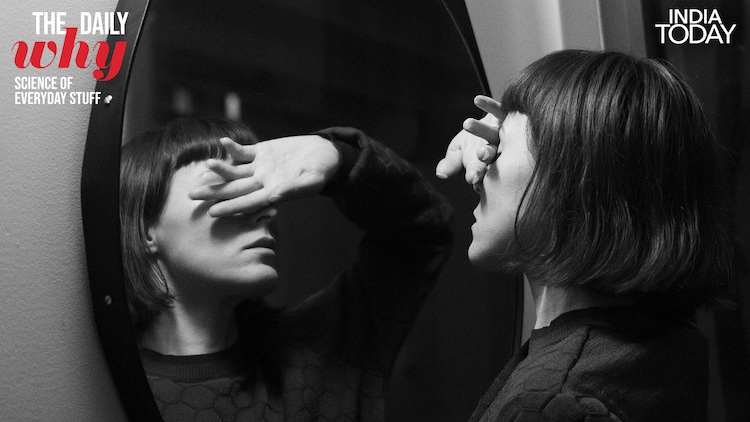 A close-up of a face in a mirror with the nose pointing back at the viewer. The mirror has reversed only one thing, the direction in which the nose was facing. (Photo: Unsplash)