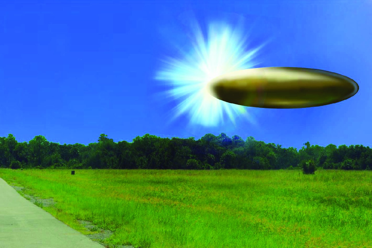 A site photograph overlaid with an FBI Lab graphic, reconstructing eyewitness accounts from September 2023 of a large bronze, oval-shaped metallic object that reportedly appeared from a bright light in the sky and vanished instantly. (Photo: Department of War/FBI Lab)