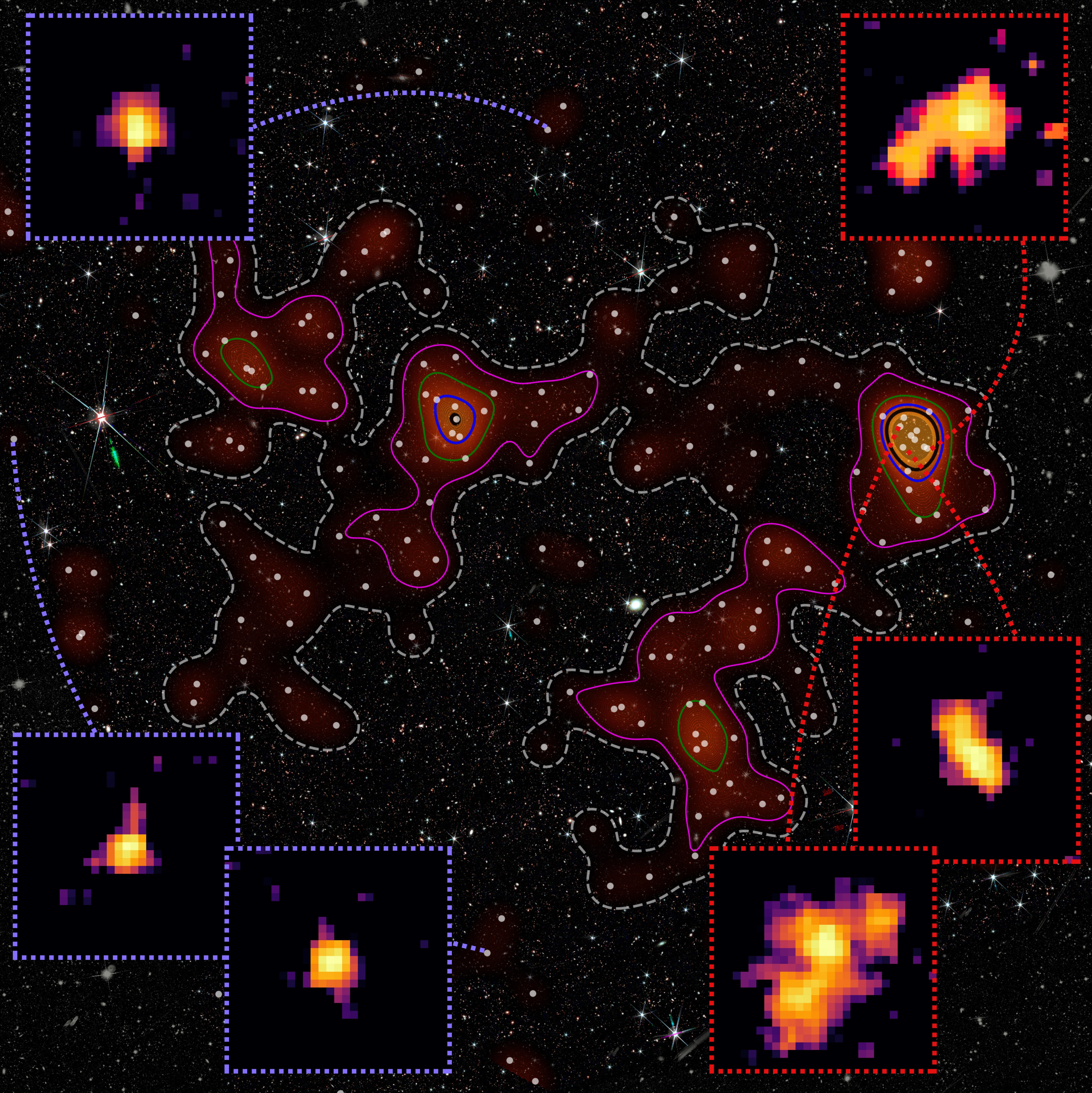 A striking composite image from the Hubble Space Telescope and JWST showing dense galaxy clusters within the newly found Loktak Protocluster. White dots show galaxies found by the Subaru Telescope, while the orange shading and coloured lines mark where they are most tightly packed. The small boxes compare galaxies in crowded cosmic cities against those in normal space. (Credit: Laishram et al./NAOJ/NASA/ESA/CSA)