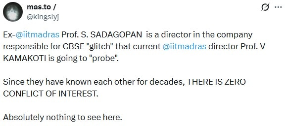A tweet alleging a connection between S Sadagopan and the vendor company surfaced online.