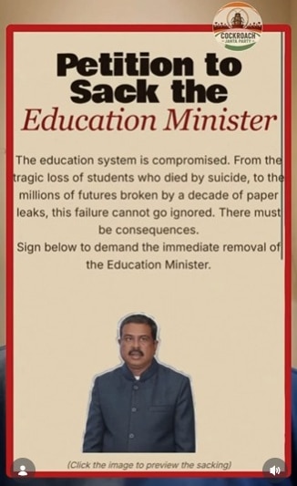 Cockroach Janata Party's Abhijeet Dipke demands Dharmendra Pradhanâs resignation over NEET 2026 leak (Photo: Insta/CJP)