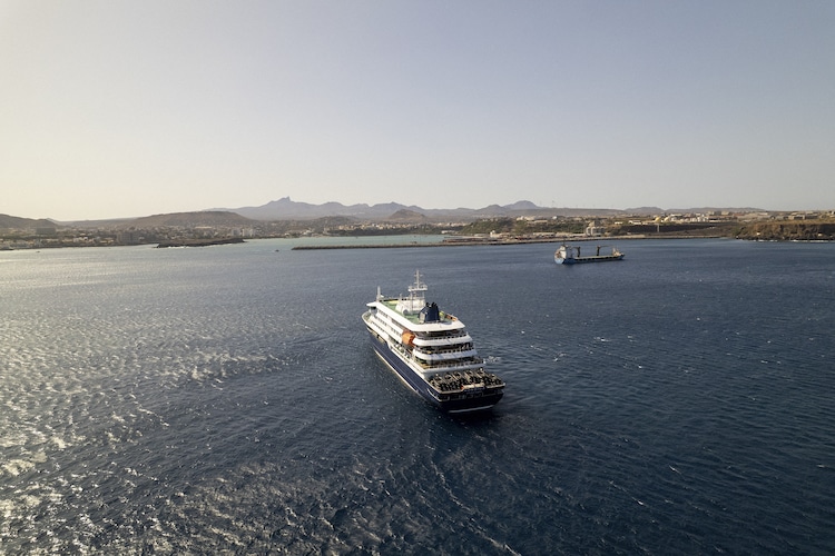 An aerial view of MV Hondius, a luxury cruise ship, off the coast of Cape Verde. (Photo: AFP)