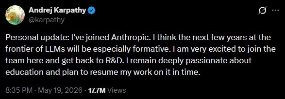 Andrej Karpathy joins Anthropic
