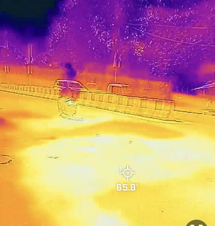 The thermal imaging device records over 65°C on an exposed road surface in East Delhi, while the shaded ground nearby registers nearly 20 degrees lower. The stark colour contrast illustrates just how dangerous unshaded urban surfaces can be during a heatwave. (Photo: India Today)