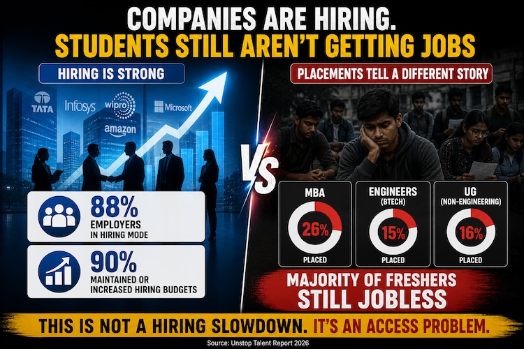 placement crisis India, Unstop Talent Report 2026, fresher jobs India, campus placement gap, engineering placements 2026, MBA jobs India, hiring trends India, job market paradox India, campus access inequality, freshers employment crisis
