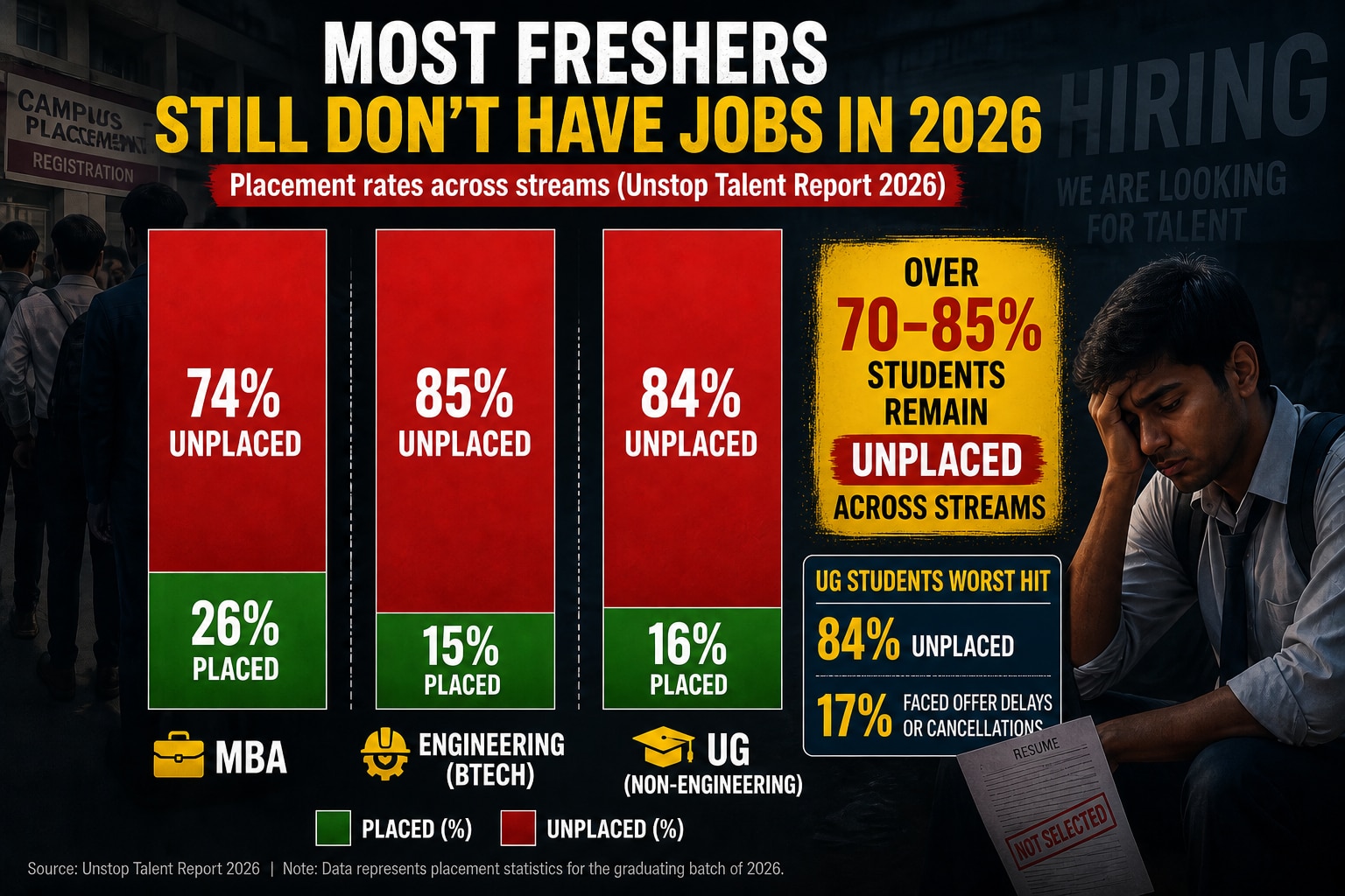 placement crisis India, Unstop Talent Report 2026, fresher jobs India, campus placement gap, engineering placements 2026, MBA jobs India, hiring trends India, job market paradox India, campus access inequality, freshers employment crisis
