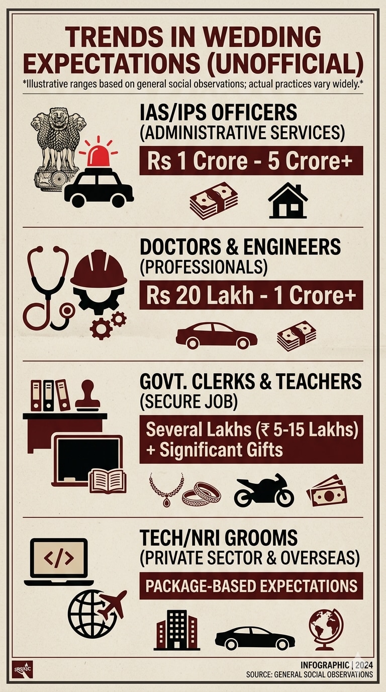 dowry in India, Bihar groom rate card,  dowry deaths, NCRB dowry data, IIT groom dowry, IAS dowry, government job dowry, education and dowry, Dowry Prohibition Act, IAS IPS dowry, arranged marriage market, women and marriage pressure dowry in India, Indian marriage system, dowry rates India, arranged marriage India