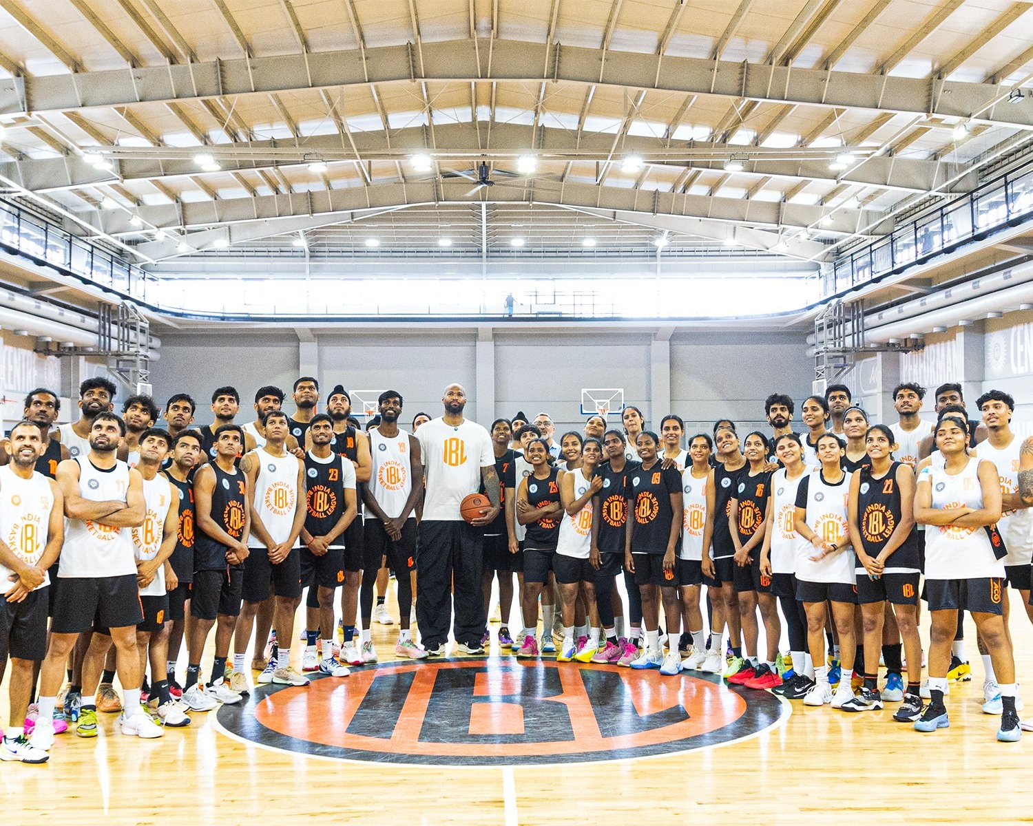 DeMarcus Cousins with players from the India Basketball League. (Image: X/NBA India)