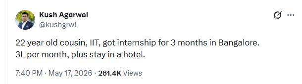 IIT internship stipend, IIT student internship, Rs 3 lakh internship, Bengaluru internship, IIT salary package, tech internship India, IIT student viral post, internship with hotel stay, Indian tech jobs, IIT placement news