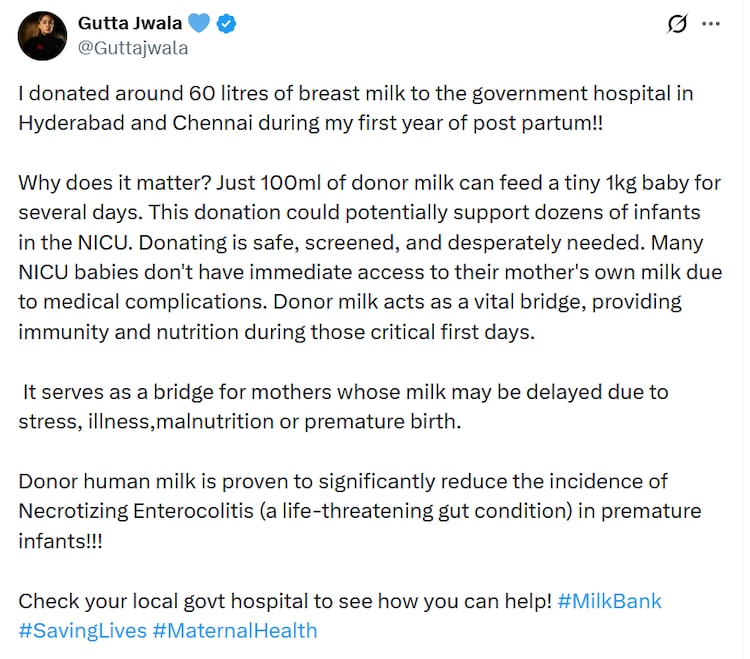 Jwala Gutta donated 60 litres of breast milk to a government hospital.
