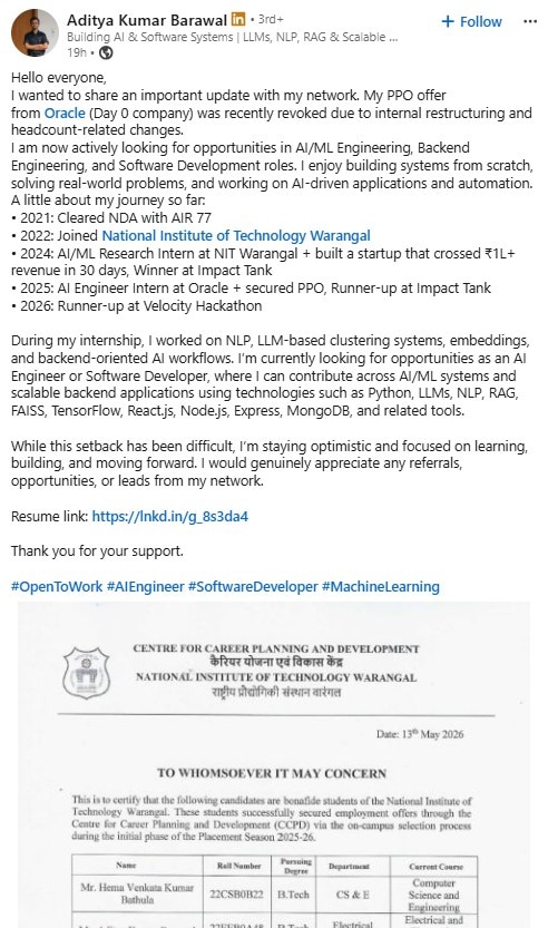 Oracle campus placement offers revoked, Oracle revokes IIT NIT placement offers, oracle campus placements, IIT placements 2026, NIT placements crisis, tech layoffs 2026, campus hiring slowdown, job market India, freshers hiring crisis