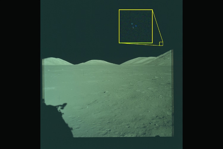 Archival imagery from Nasa's Apollo 17 lunar mission, with the highlighted section revealing three unexplained lights visible above the surface of the Moon. (Photo: US Department of War/NASA)