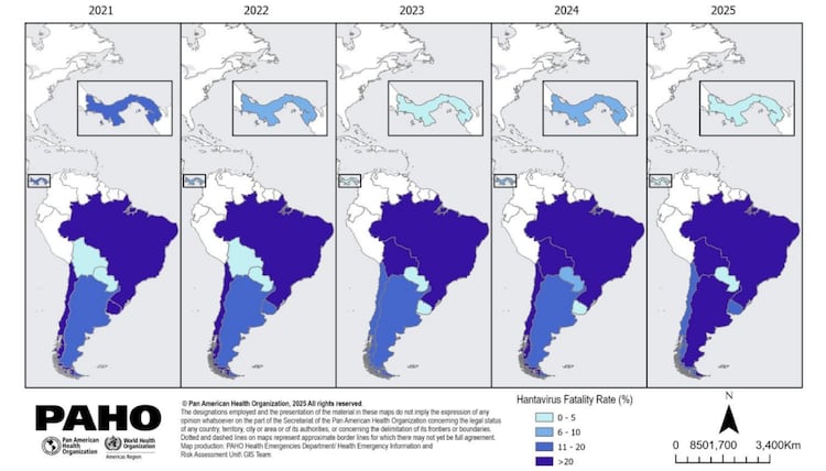 Deaths and fatality rate due to hantavirus pulmonary syndrome reported in South America, between 2021 and 2025. (Source: Data provided by respective countries to PAHO)
